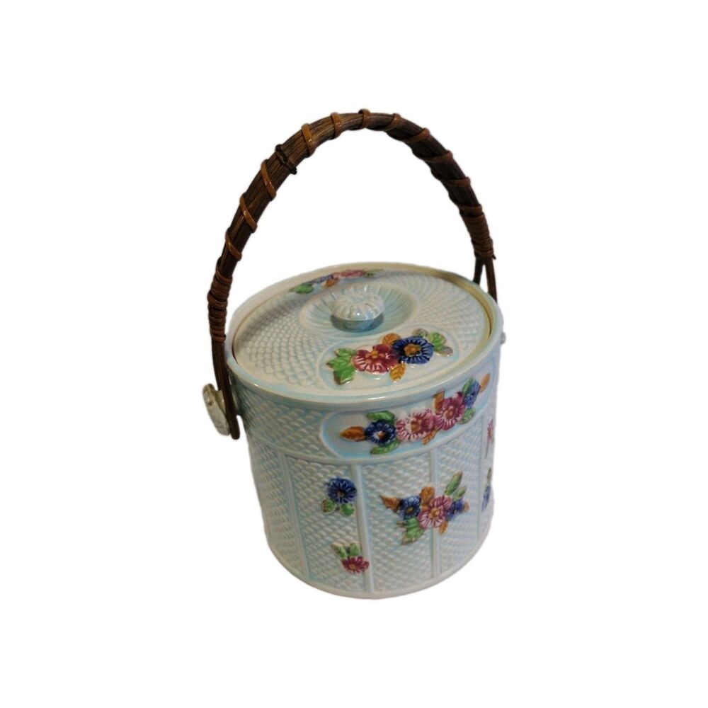 Japanese Hand Painted Floral Embossed Ceramic Biscuit Jar with Lid Rattan Handle